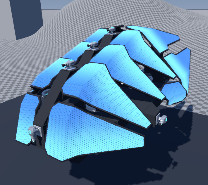 A bot wrapped in overlapping blue shield plates