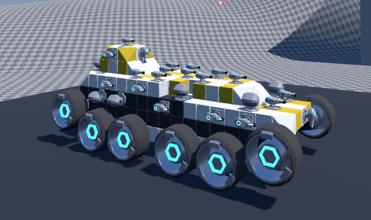 A white and yellow bot on twelve wheels, armed with lasers