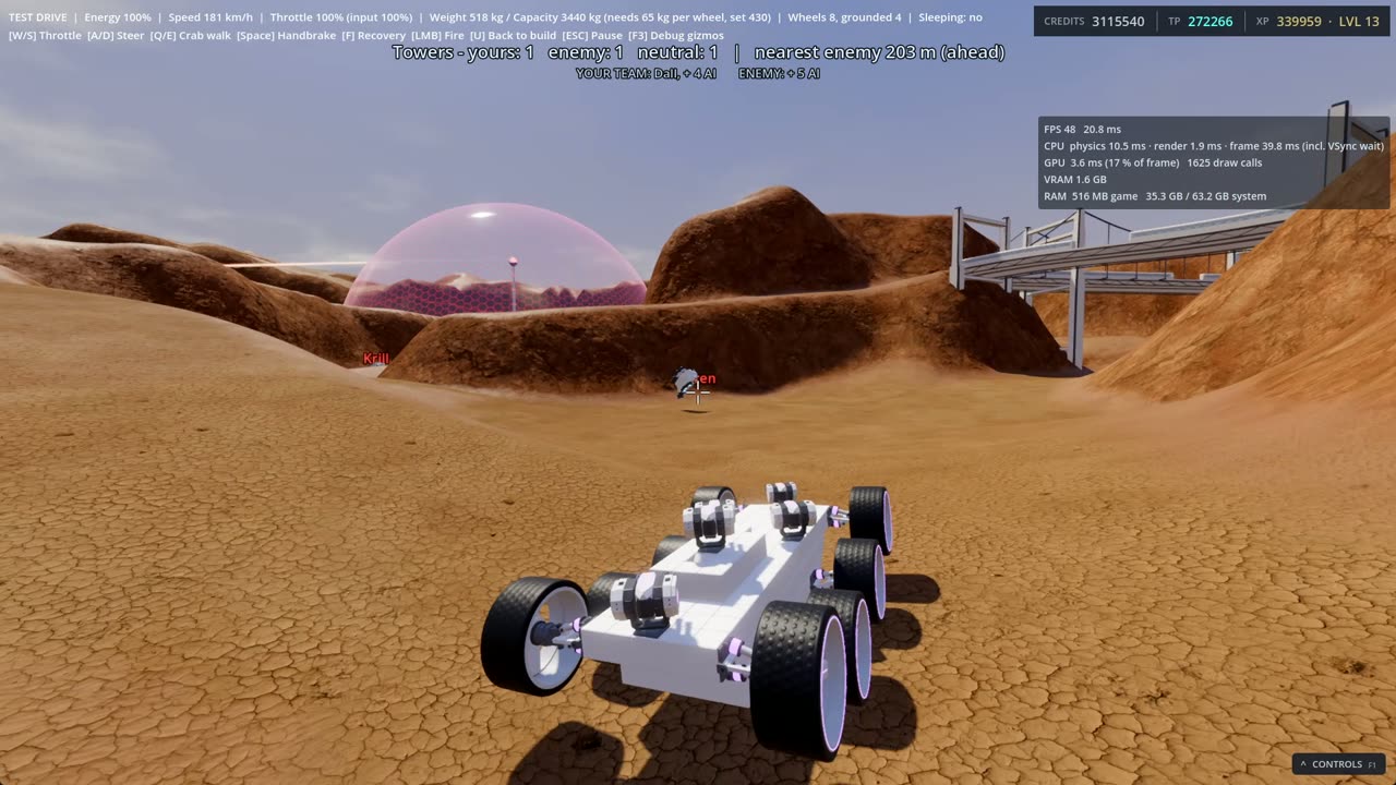 An eight-wheeled bot racing across the desert towards a shield dome