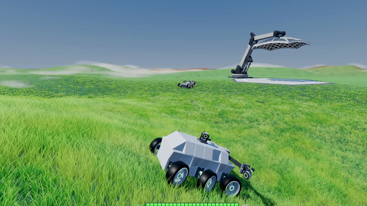 A six-wheeled bot rolling across a green meadow, an enemy bot and a charging tower in the distance